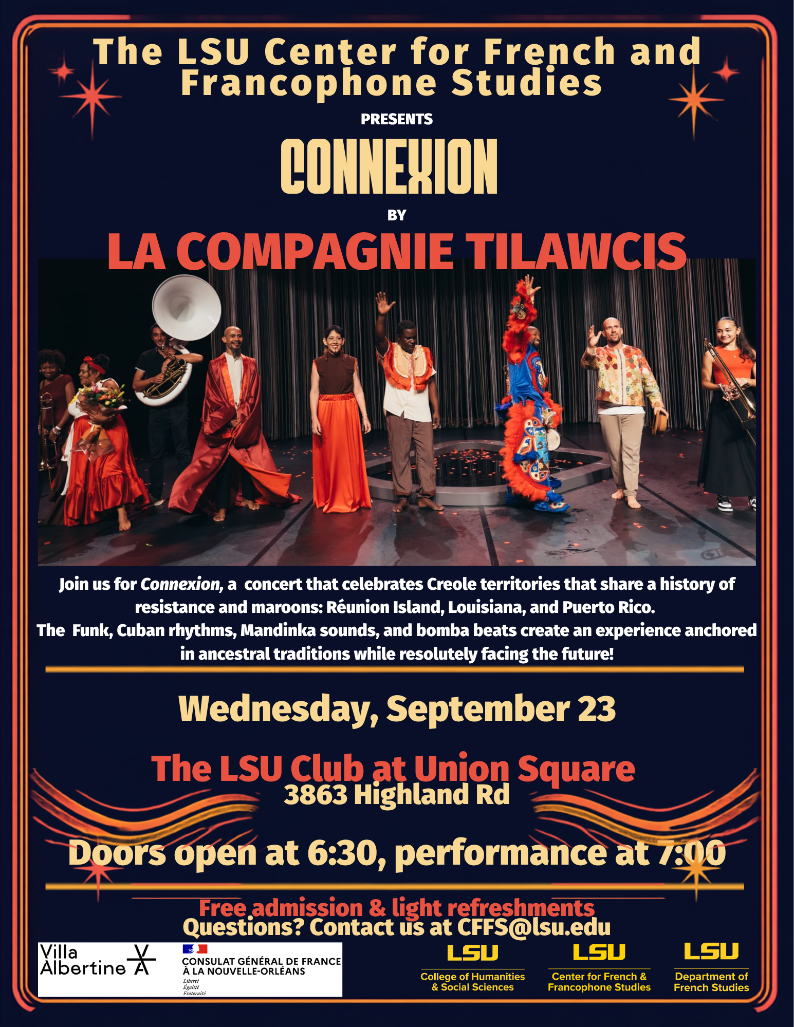 Flyer of the Connexion concert showing performers on stage, along with information on the date, time and venue of the event