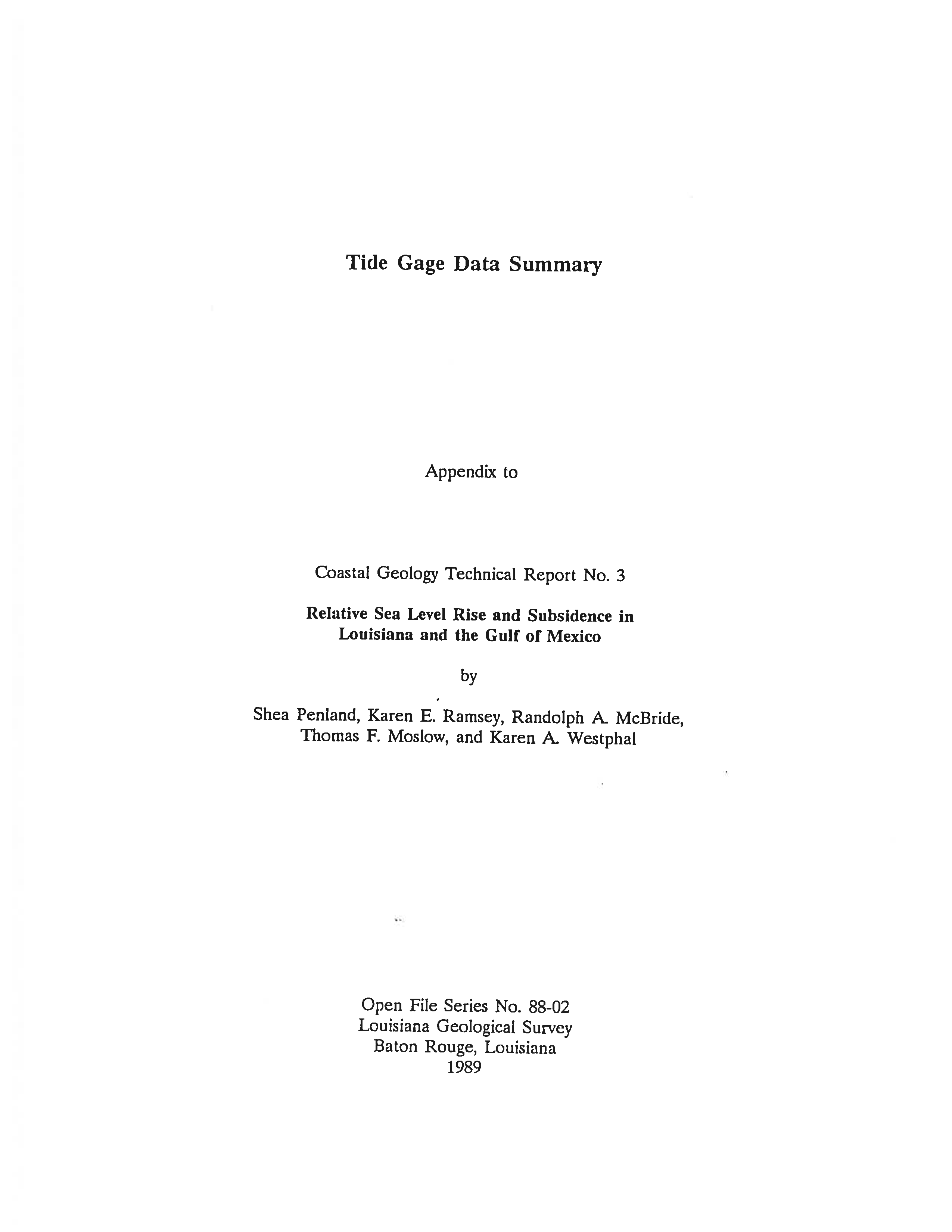 88-02 Tide Gage Data Summary (Appendix to Coastal Geology Technical Report 03).