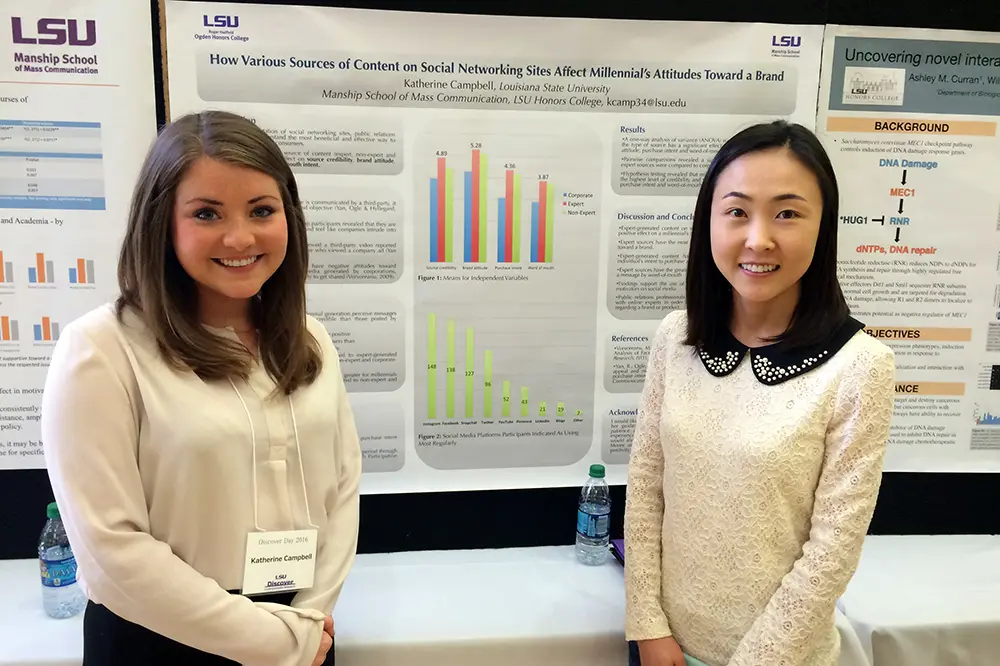 Two people standing in front of a chart